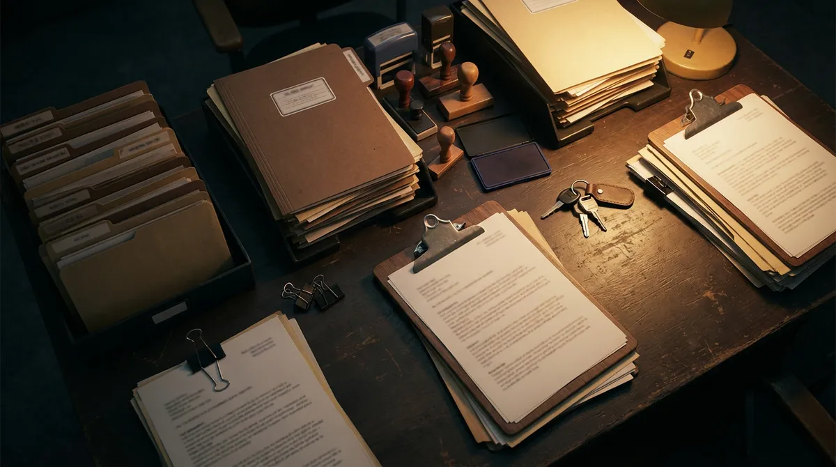 Uporządkowane dokumenty ubezpieczeniowe na ciemnym biurku — kadru z góry