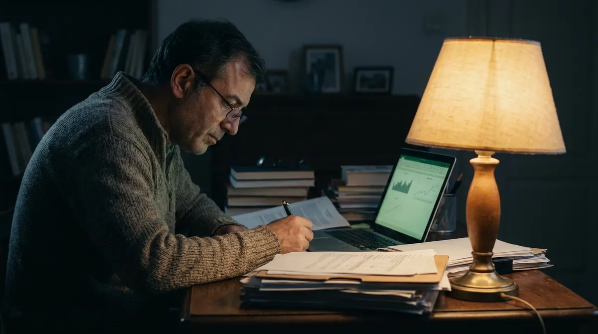 Osoba studiująca materiały o ubezpieczeniu komunikacyjnym przy biurku